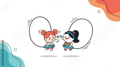 Two cheerful young girls with pigtails and high ponytails jumping rope and giving each other a high five in a colorful cartoon scene.
