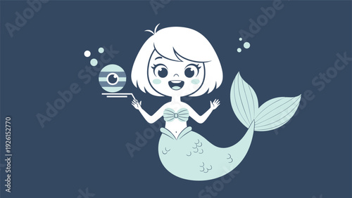 Cute little mermaid girl with white hair and a light blue tail holding a striped pearl on a dark navy blue sea background.
