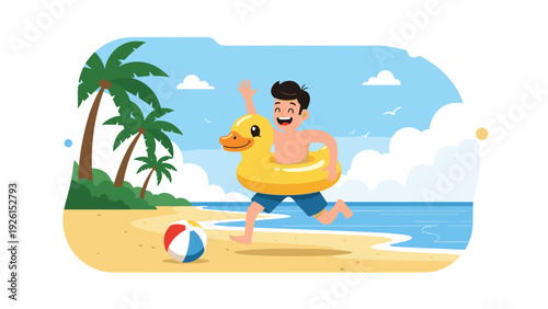 Happy young boy running on a sunny tropical beach with a yellow duck swim ring and a colorful beach ball near palm trees.