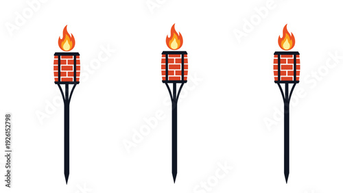 Three identical garden torches with brick patterns on the fuel canister and bright flames burning on a tall black pole.