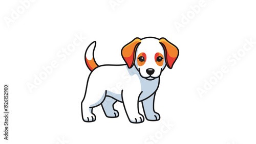 Small white puppy with orange brown ears and patches on its face stands calmly on a white background, looking directly at the viewer.