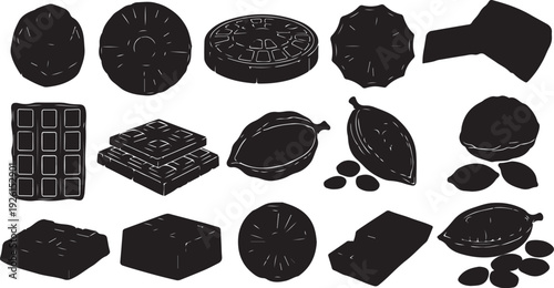 Black and white chocolate icons and shapes illustration set