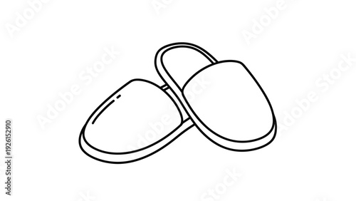 Pair of simple indoor slippers shown in black and white line art, representing home comfort, relaxation, and casual footwear choices.