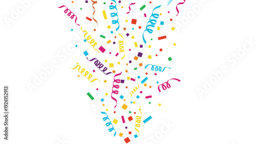 Vibrant explosion of multicolored confetti and curly streamers falling from the top, creating a festive atmosphere for any celebration.