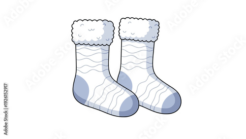 Pair of warm white winter socks with blue heels and toes featuring fluffy sheepskin cuffs, perfect for cold weather comfort at home.