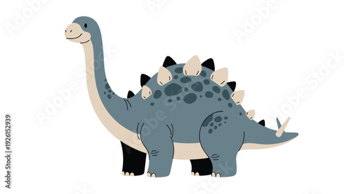 Large blue gray herbivorous dinosaur illustration with protective plates and spikes, likely a stegosaurus or similar prehistoric creature.