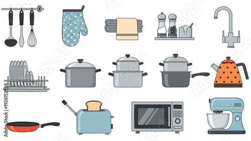 Large set of kitchen utensil and appliance icons including pots, pans, a toaster, microwave, and mixer for cooking and culinary themes.