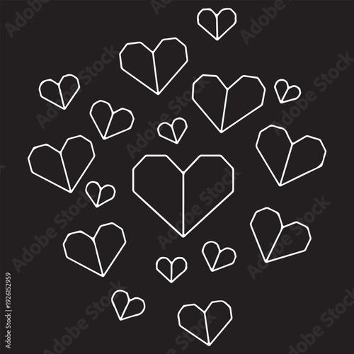Geometric Origami Hearts Background. White Linear Folded Heart Shapes on Black. Minimalist Vector Illustration for Valentine's Day.