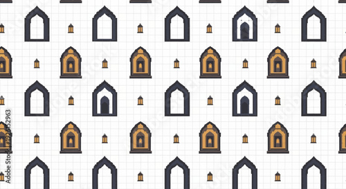 Seamless graphic pattern featuring repeated stylized Islamic archways and golden lantern motifs on a subtle grid background, perfect for cultural and decorative design projects