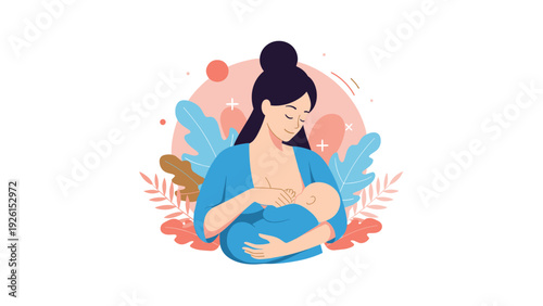 Peaceful illustration of a mother breastfeeding her infant baby, surrounded by soft leaves and star shapes in a nurturing environment.