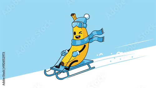 Winking banana character wearing a winter hat and scarf sleds down a snowy hill on a blue sled, capturing a fun and snowy winter mood.