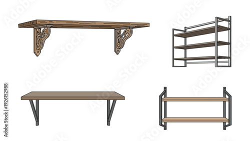 Collection of four different shelf designs including wall-mounted wooden shelves and a freestanding metal rack for home organization.