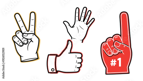 Sports fan hand icons including a peace sign, wave, thumbs up, and a large red foam finger with number one printed on it for victory.