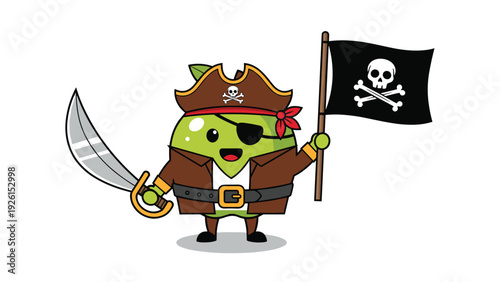 Happy green apple character dressed as a pirate with a hat and eye patch, holding a sword and a black jolly roger skull flag.