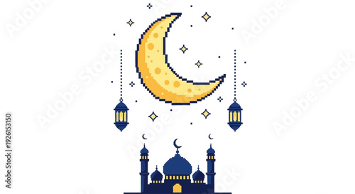 Pixel Art Ramadan Lanterns and Crescent Moon above a Mosque, a digital illustration celebrating the holy month