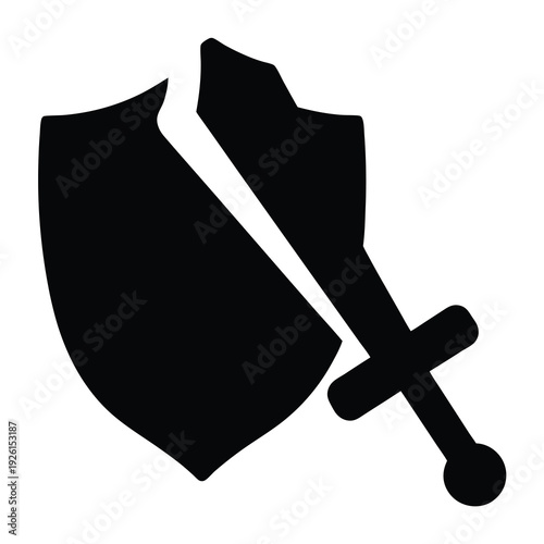 Black and white representation of a sword impaling a shield with damage