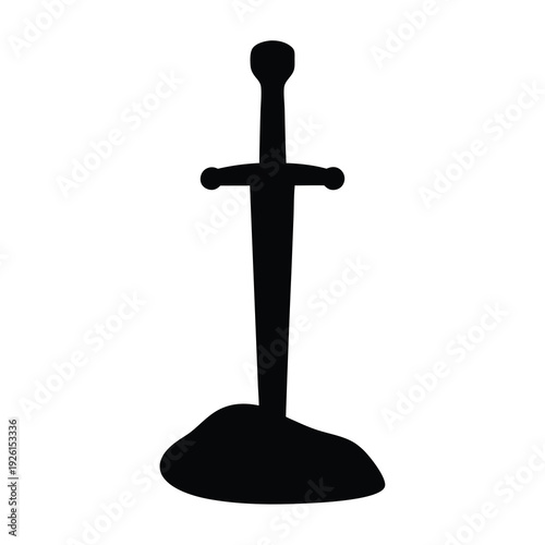 Sword in stone vector silhouette, symbolizing challenge, destiny, and the legend of leadership