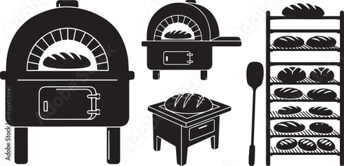 Black and white illustration of bakery oven and bread