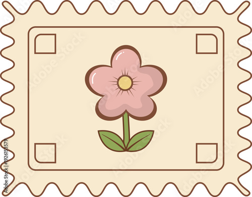 Vintage Floral Postage Stamp Illustration  Cute Pink Flower Decorative Mail Sticker