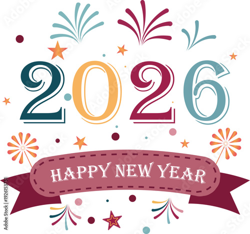 Happy New Year 2026 Celebration Graphic Festive Typography with Fireworks and Stars