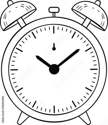 Vintage Alarm Clock Line Art Illustration - Minimalist Desktop Timer Vector Design