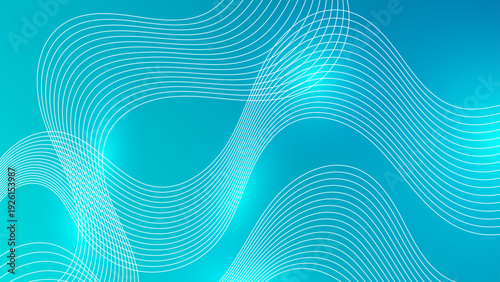 Futuristic cyan blue background featuring white flowing wave lines and glowing light spots for technology and corporate presentations