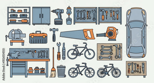 Collection of tools and equipment for various construction and repair tasks.