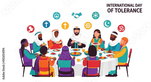 Diverse group of people from different faiths and cultures sitting at a table on international day of tolerance celebrating unity and understanding