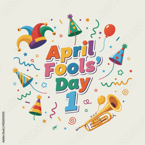 Fun April Fools Day Typography Design with Festive Decorations.