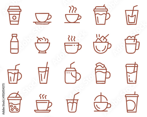 Collection of various illustrated beverages and drinkware icons