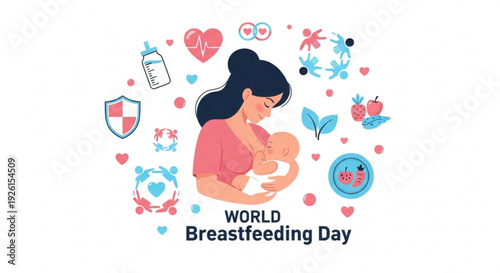 Mother breastfeeding baby on world breastfeeding day with icons