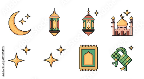 Islamic Eid al-Fitr Icons Ramadan Crescent Moon, Lanterns, Mosque, Prayer Mat, and Star Decorations