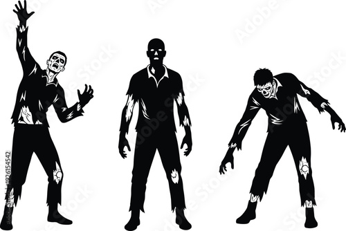 Scary zombie silhouettes, walking dead figures, horror undead characters, halloween vector collection, creepy monster group, apocalyptic thriller, dark evil creatures.