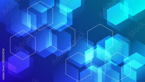 Professional blue and cyan background with overlapping hexagonal cells and light effects