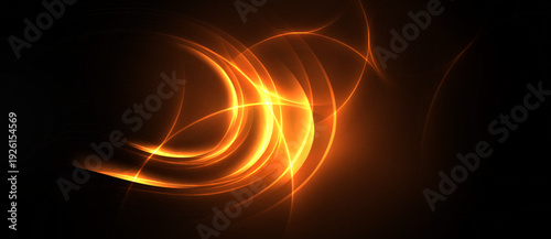 Bright orange lines swirl against dark background. Abstract energy radiates from central point, creating dynamic visual effect.