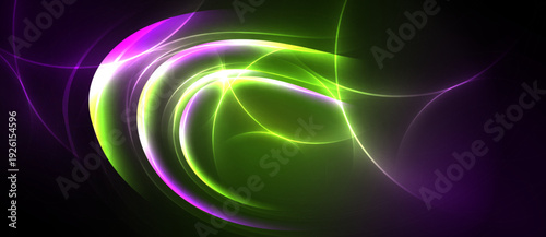 Bright abstract swirls, luminous green, purple hues dominate dark background. Dynamic energy radiates from central point.