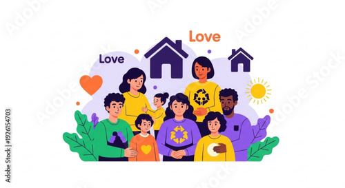 Diverse group of people with love hearts and houses in a sunny environment with recycling symbol