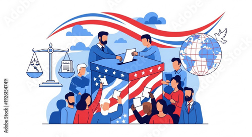 Voting rights concept with diverse people and judge ballot box scales of justice and american flag symbolizing democracy and freedom to choose leaders and shape the future