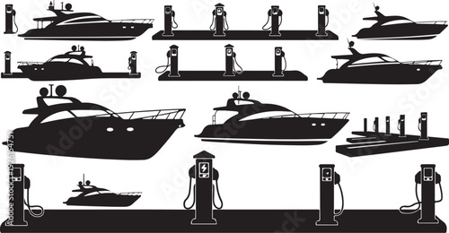 Black and white illustration of boats at fuel stations