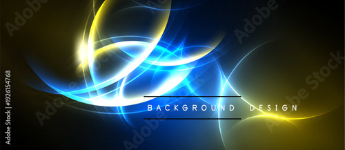 Abstract luminous waves, blue, gold hues. Background features dynamic energy, modern design elements. Text reads background design.
