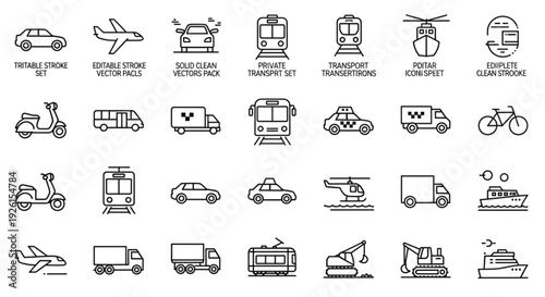 Collection of various transportation icons including vehicles and machinery in a grid layout