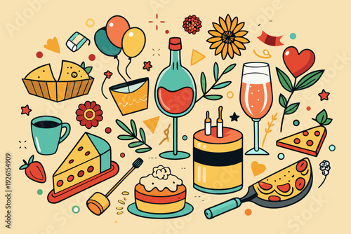 hand drawn wine party elements