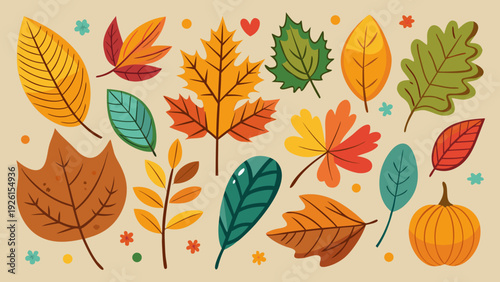 hand drawn whimsical autumn leaves collection. Charming autumn collection featuring squirrel train snail and falling leaves