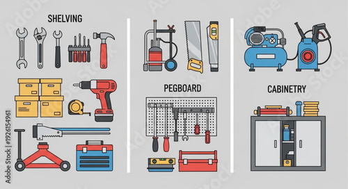 Garage organization tools and equipment for shelving, pegboard, and cabinetry storage.