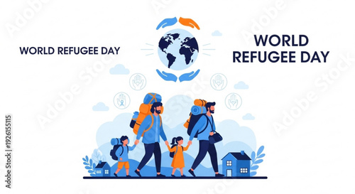 Family walking together on world refugee day with globe and symbols of migration and hope