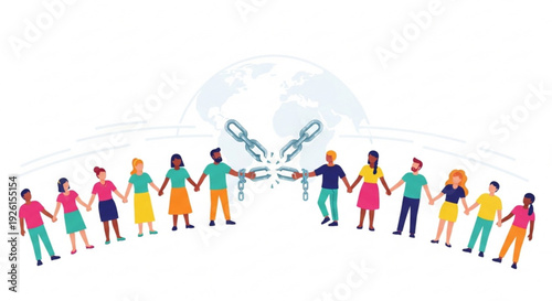Diverse people holding hands breaking chains on globe background symbolizing unity and freedom