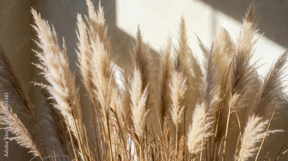 Obraz premium Bunch of dry grass is in a vase. The grass is brown and dry, and it looks like it has been sitting in the vase for a while