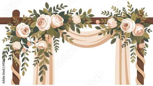 A beautiful floral wedding arch with roses and ribbons illustration