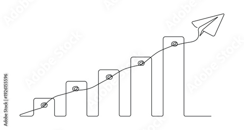 Continuous one line growth chart with paper airplane business success concept