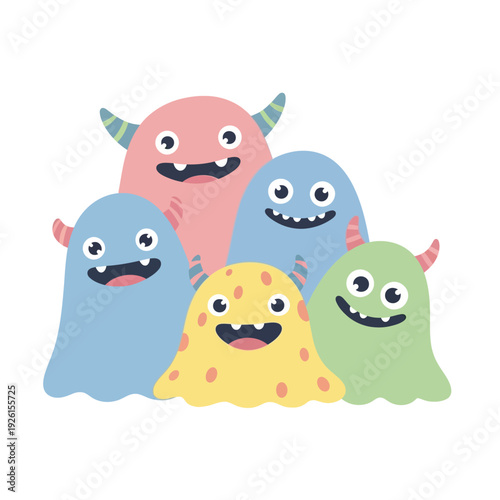Cute Monsters Group, Funny Characters, Cartoon Style, Vibrant Colors, Children's Illustration